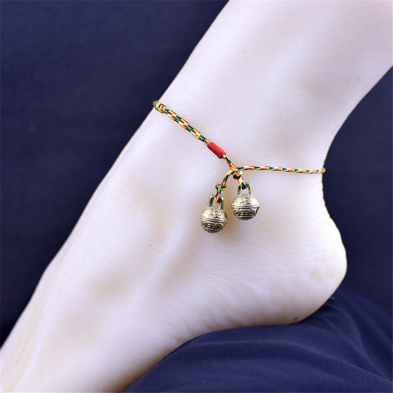 脚链五彩绳端午时尚男女简约情侣编织绳子复古铃铛学生吊坠脚绳女