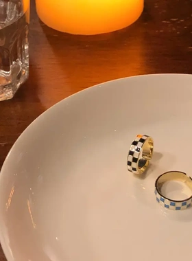 棋盘格滴釉开口戒指套装女夏小众设计冷淡风食指戒时尚个性指环潮