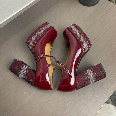 酒红色漆皮玛丽珍高跟鞋女粗跟夏