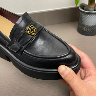 DE LI 山茶花乐福鞋女春秋黑色圆头牛皮单鞋秀气显脚小厚底高跟鞋