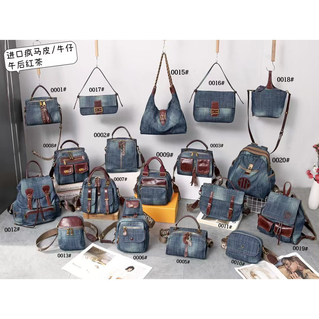 复古百搭牛仔布双肩包午后红茶手提多用包通用斜挎撞色高级感女包