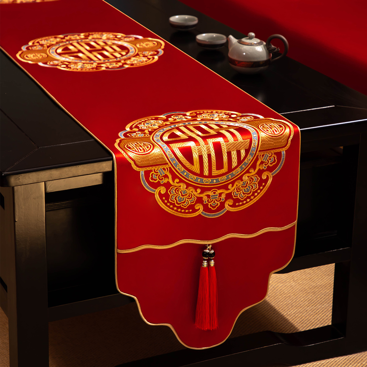 中式结婚桌旗喜字红色桌布