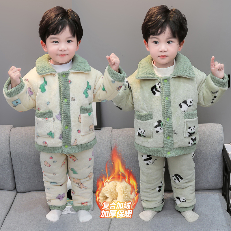 男童法兰绒冬季家居服三层加厚