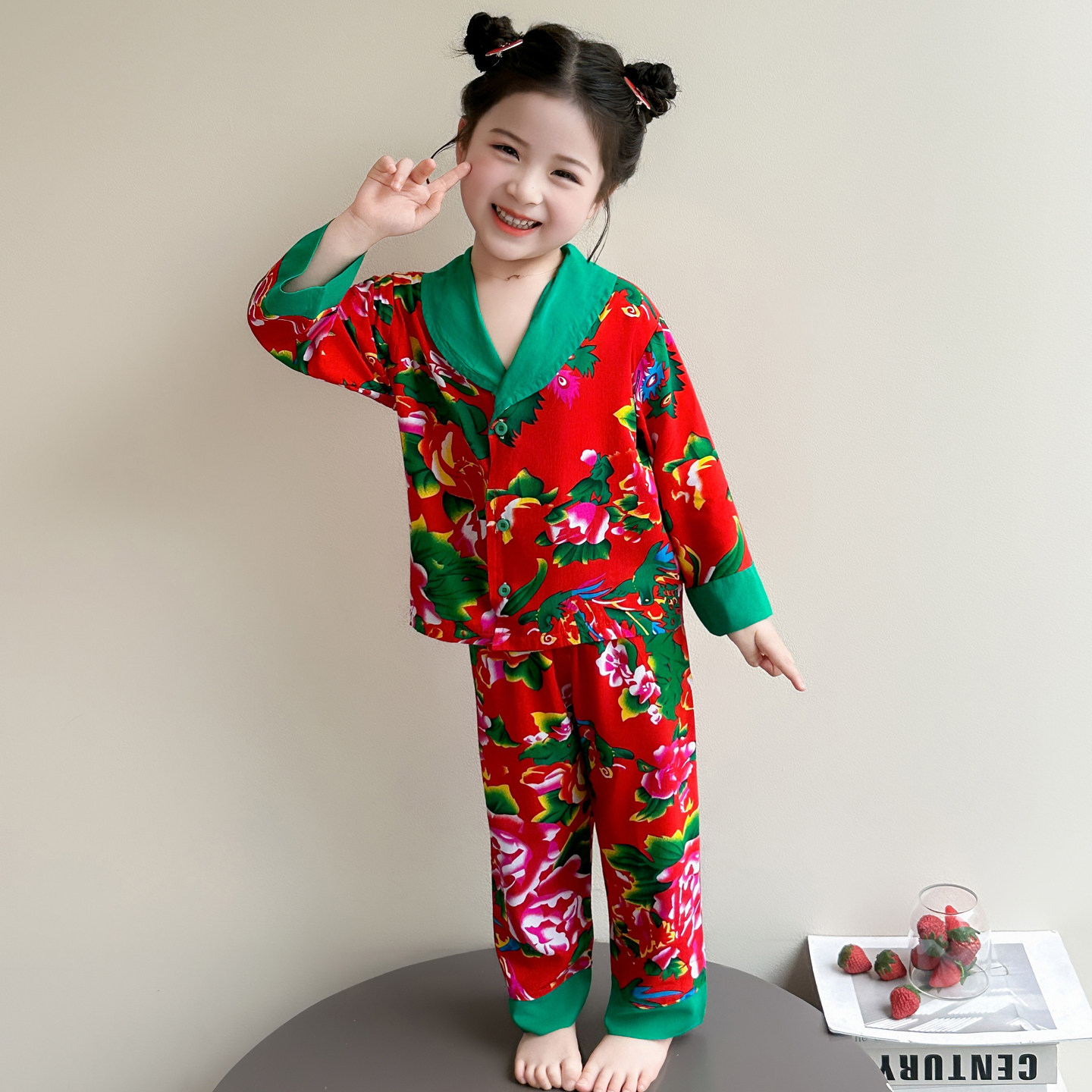 儿童睡衣东北大花红色女童家居服宝宝开衫小孩长袖薄款空调套装