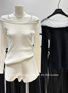 open集合店-法式浪漫重工烫钻网纱拼接套头内搭外穿针织衫5671