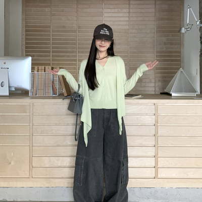 ONE TIME-款法式慵懒风V领绑带假两件针织开衫（含30羊毛）KX2113