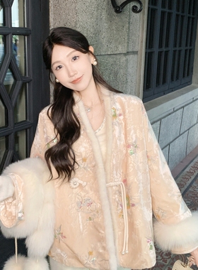 M.W嫚维-国风新中式-提花刺绣钉珠拼真狐狸毛保暖羽绒服外套1221