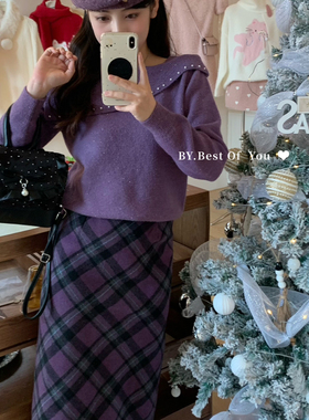 BEST OF YOU-冬上新浪漫绝绝紫大红大紫系列毛衣+半身裙套装9986