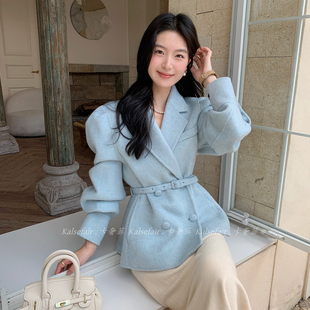 卡奢菲-袖双排扣纯色时尚羊毛外套(配腰带)（含100绵羊毛）BD-131