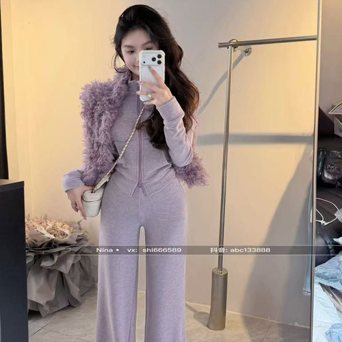 LD STUDIO亮亮家-款超值香芋紫马甲+卫衣外套+休闲裤套装ys1-5739