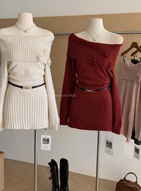 花花家-性感红色一字肩针织短裙小众减龄显瘦连衣裙(配腰带)5977