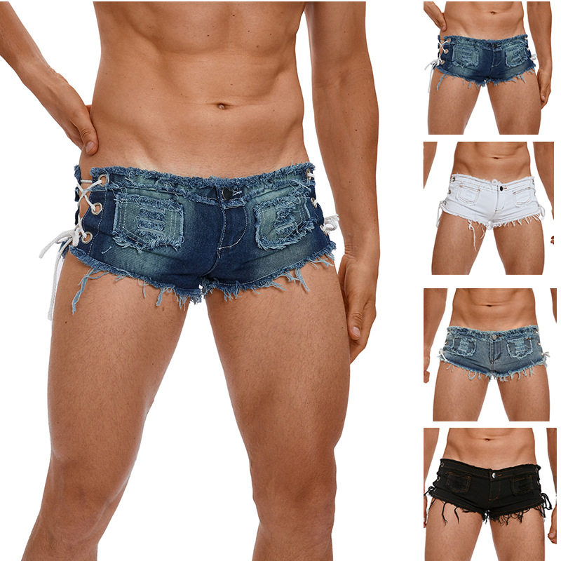 跳舞性感男士紧身低腰牛仔裤夜店伪娘男扮女装超短裤绑绳镂空热裤