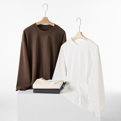 秋冬新款重磅纯棉300g纯色螺纹长袖t恤男圆领宽松打底衫男装衣服