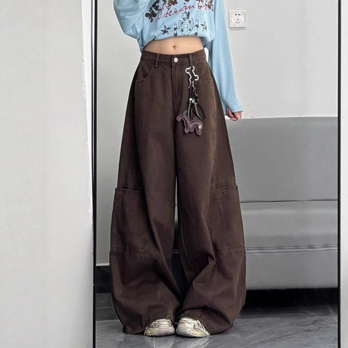 美拉德咖色工装阔腿裤直筒宽松阔腿牛仔裤女高腰垂感显瘦裤子女款