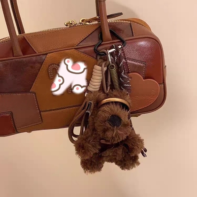 棕色西高地挂件~miu系风皮革爱心包包挂饰毛绒可爱潦草小狗