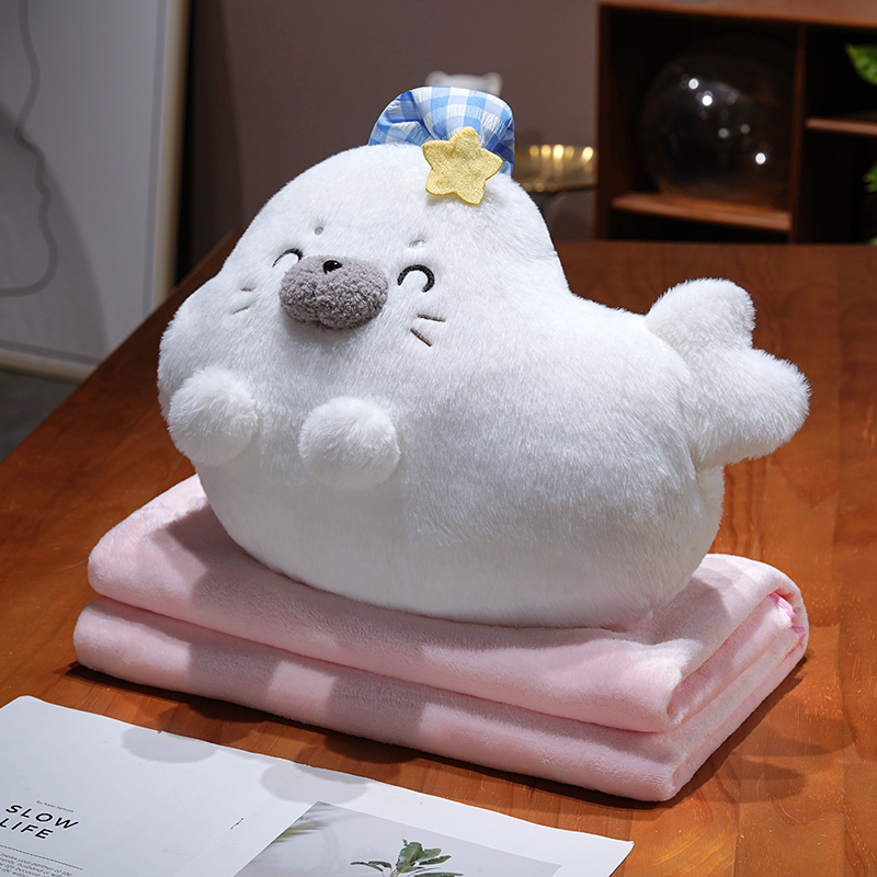 可爱海豹暖手抱枕毯子二合一办公室女生睡觉被子两用车载靠枕毛毯