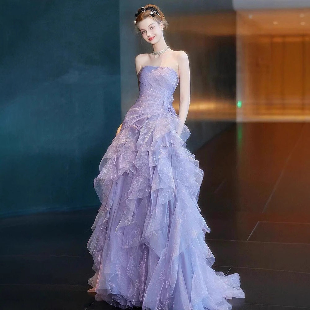 紫色抹胸晚礼服仙气轻奢订婚奢华在逃公主礼服裙舞台模特走秀礼服