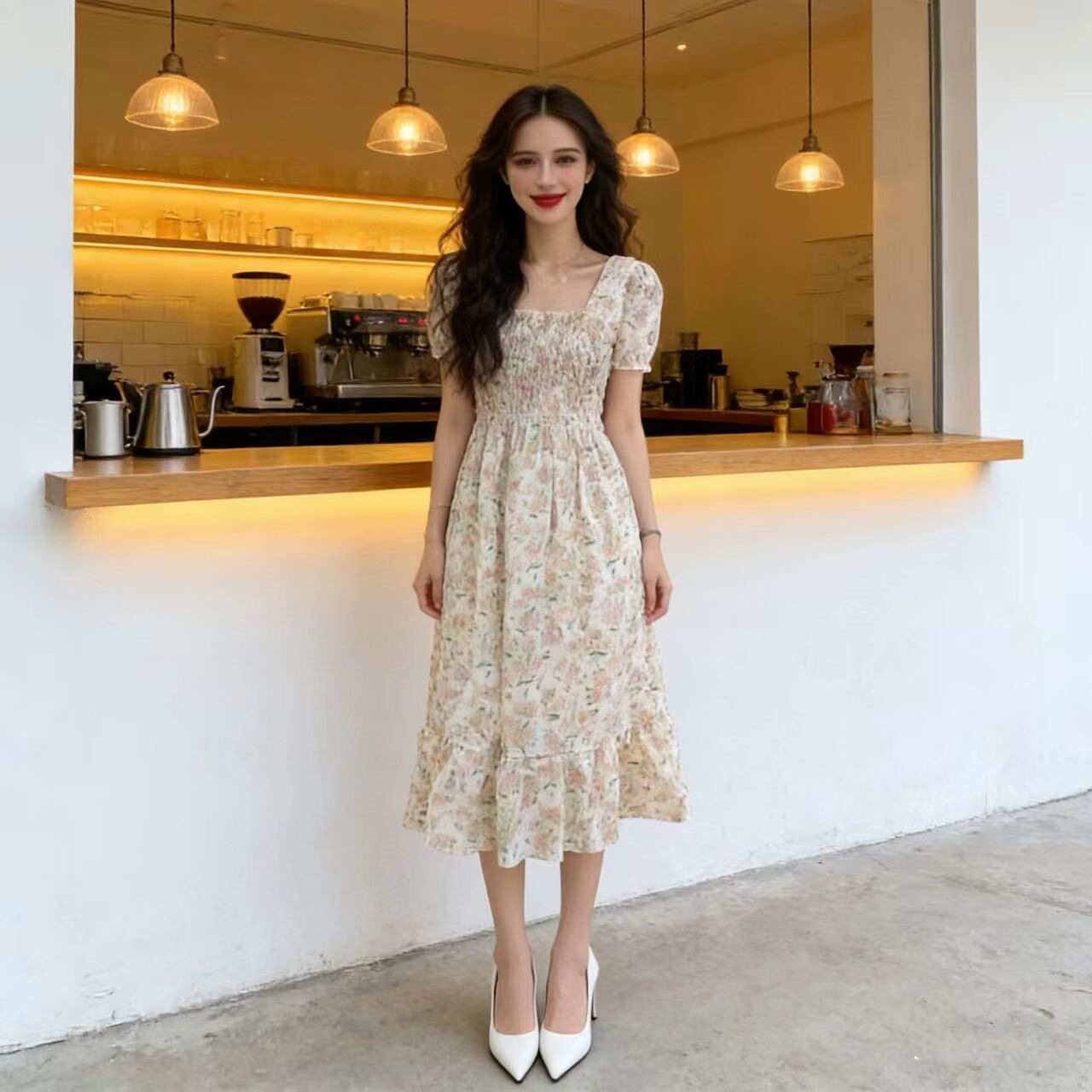 欧美 复古方领碎花雪纺连衣裙女新款皱褶显瘦中长款印花裙子