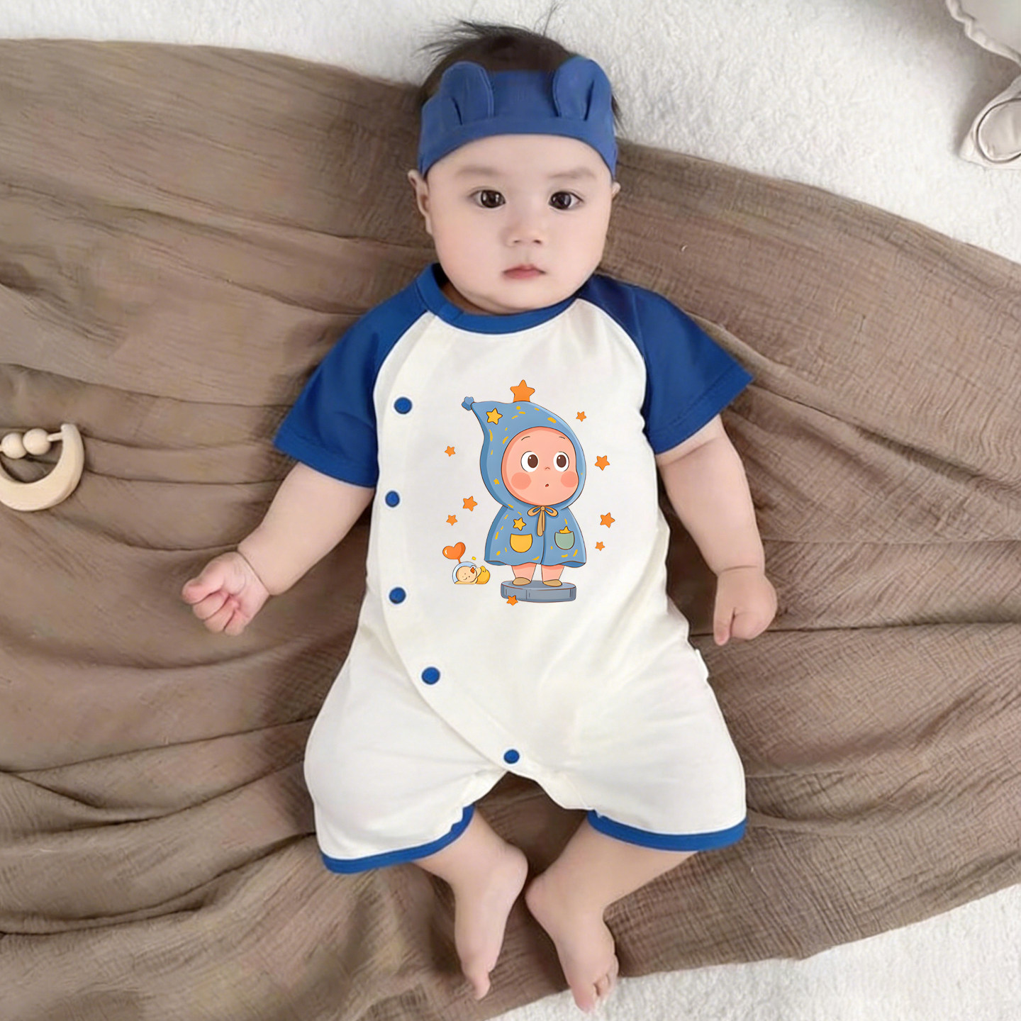 夏天婴儿连体衣纯棉薄款卡通星星人男宝宝爬行服空调服新生儿衣服