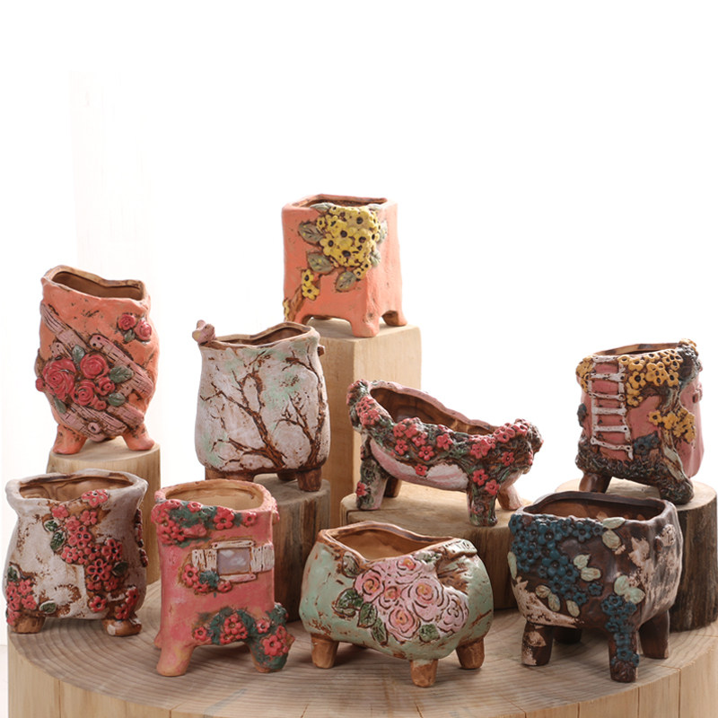 韩式浮雕手绘多肉植物花盆粗陶瓷透气老桩园艺花瓶延熹风格花盆,鲜花速递/花卉仿真/绿植园艺,花盆,淘宝优惠券,粉丝福利购,淘宝优惠卷