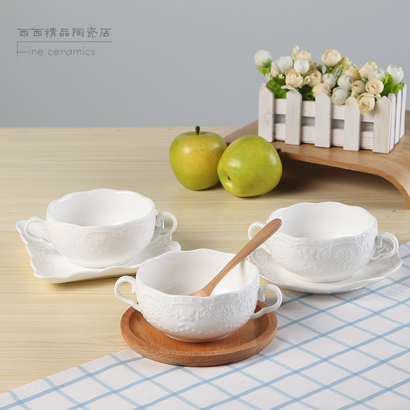 欧式浮雕双耳汤碗带托盘汤勺 汤盅大碗深碗陶瓷泡面碗饭碗沙拉碗,餐饮具,碗,淘宝优惠券,粉丝福利购,淘宝优惠卷