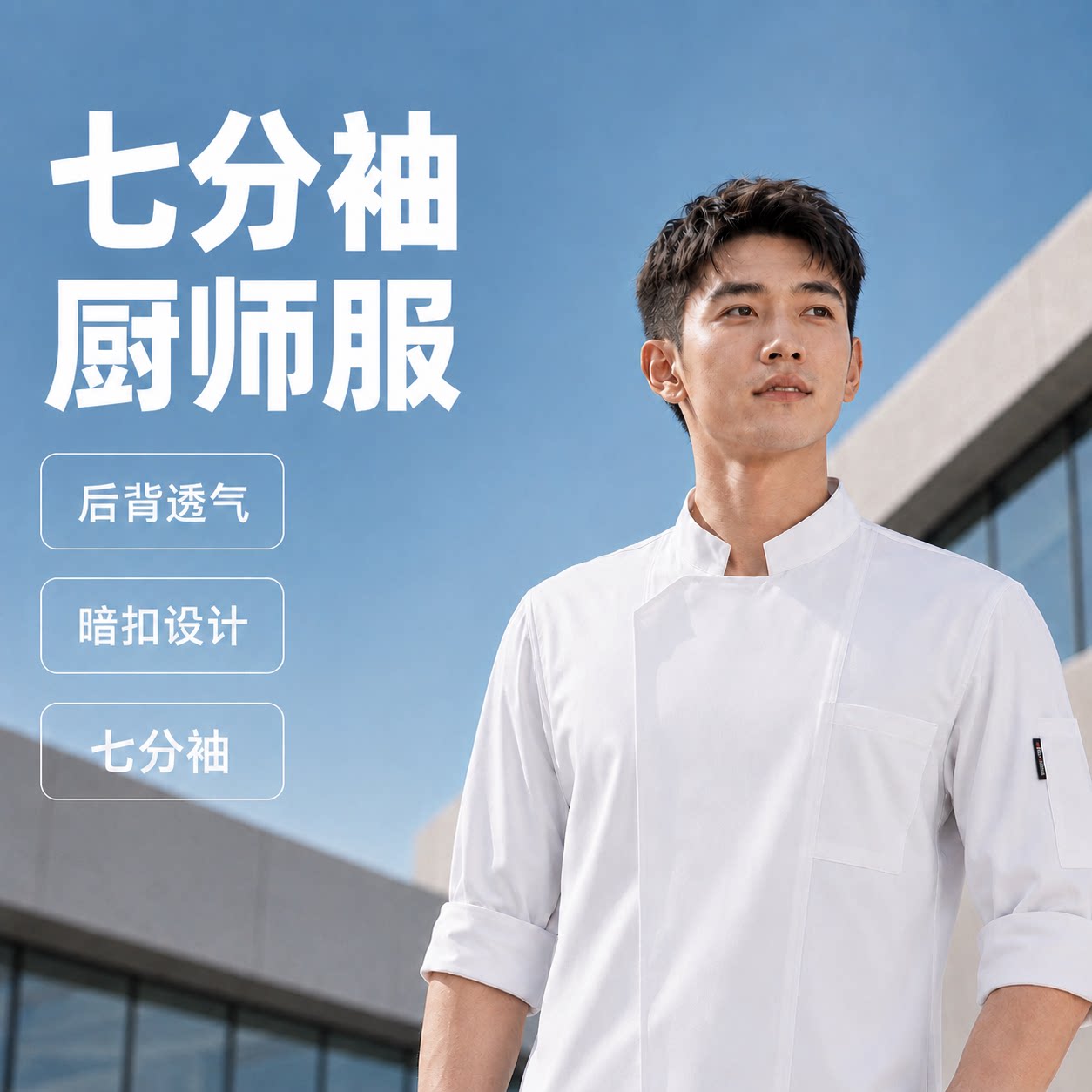 白色七分袖立领透气厨师工作服