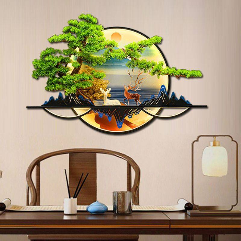 中式装饰画挂画壁挂立体迎客松圆形带灯背景墙上客厅仿真玄关铁艺,家居饰品,壁饰,淘宝优惠券,粉丝福利购,淘宝优惠卷