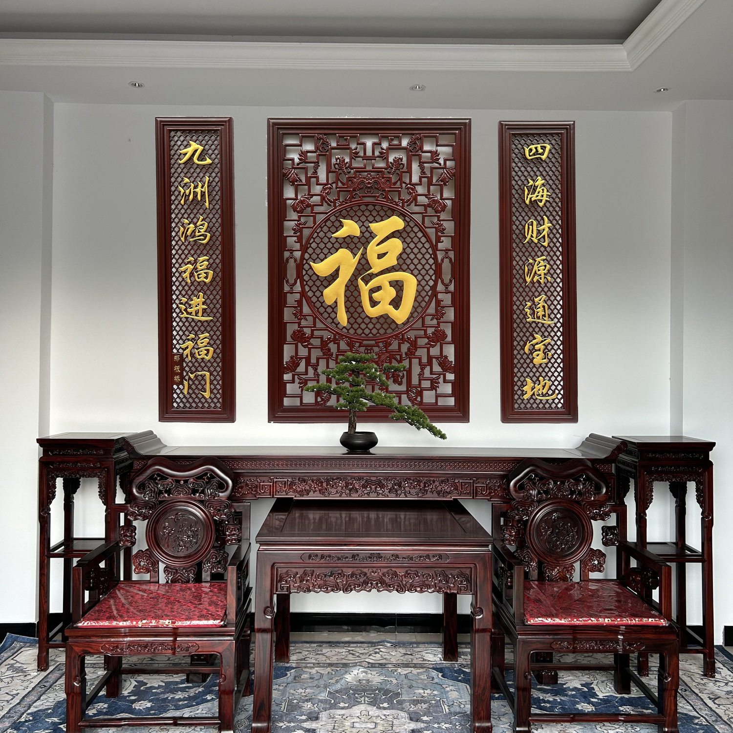 中堂三件套木雕挂件中式风格大尺寸 香樟木 客厅中堂实木雕刻挂画