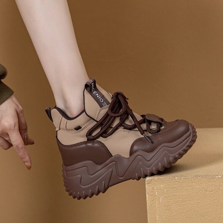 香港代购真皮运动鞋女休闲高帮女鞋冬季厚底内增高老爹鞋女显脚小