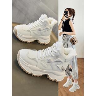 香港代购真皮小白鞋女2025新款冬季保暖棉鞋厚底内增高高帮老爹鞋