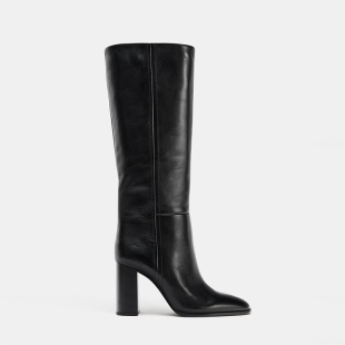 ZA2025秋冬新款 粗跟圆头高筒皮靴英伦风高跟骑士靴不过膝长筒靴女