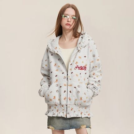 NTBF美式满印小猫刺绣连帽卫衣2026年春秋新款潮牌慵懒风开衫卫衣
