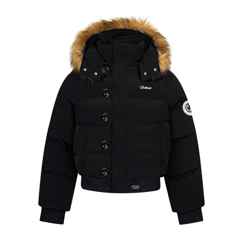 美式字母刺绣毛领连帽棉服外套