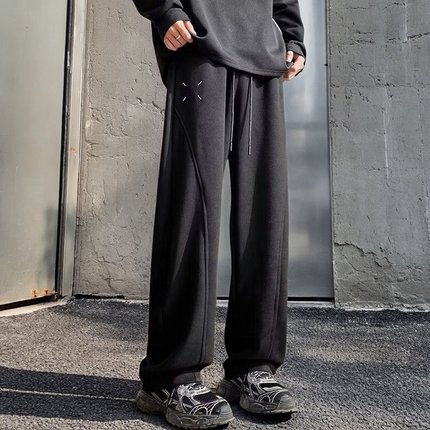 男秋冬加绒加厚设计感重磅弯刀裤宽松大码休闲裤卫裤直筒运动长裤