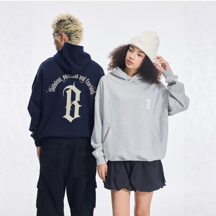 BONELESS圆弧基础字体logo印花加绒连帽卫衣美式重磅春秋帽衫外套