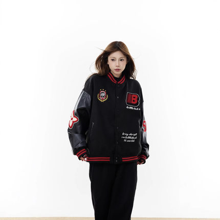 NTBF秋冬款美式重磅棒球服外套字母刺绣撞色拼接夹克宽松休闲上衣