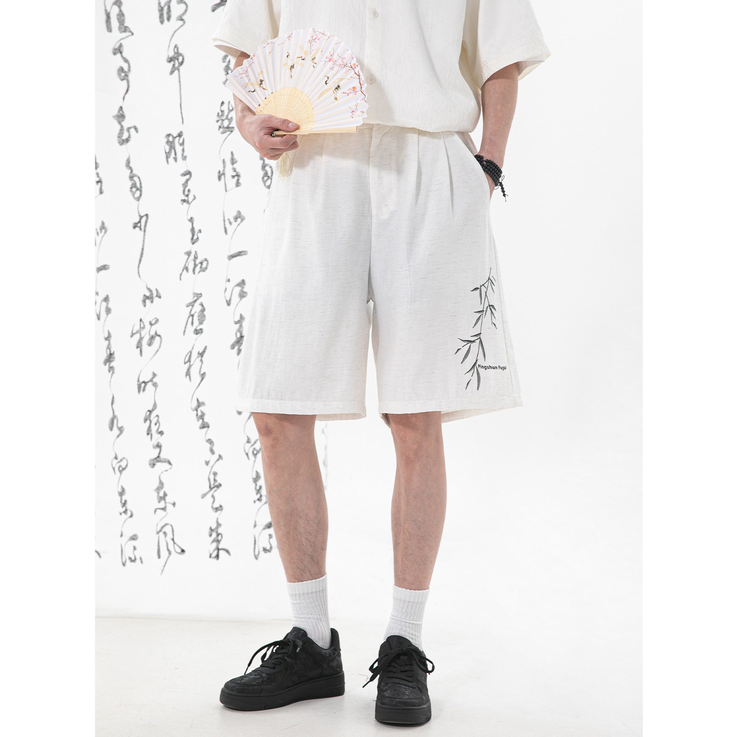 NTBF新中式亚麻纹理休闲短裤男夏国风印花直筒中裤透气宽松五分裤