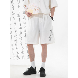 NTBF新中式 男夏国风印花直筒中裤 透气宽松五分裤 亚麻纹理休闲短裤