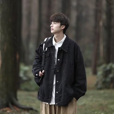 牛仔外套宽松单排扣口袋装饰长袖