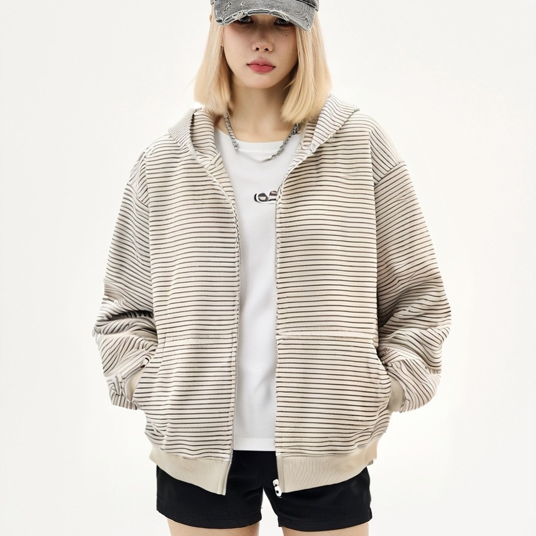 2025早秋季美式复古新款条纹拉链开衫连帽卫衣女设计感学院风外套