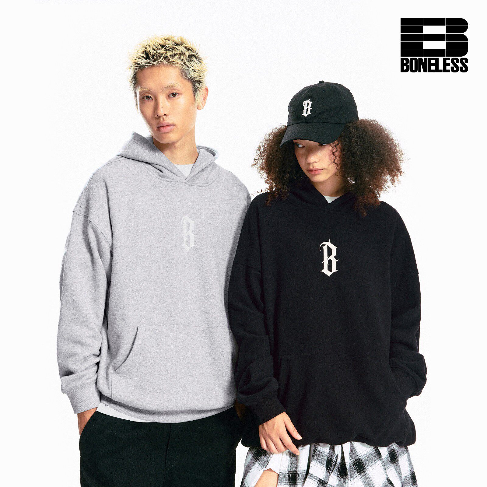 BONELESS基础B字胶浆印花加绒帽衫美式高街复古春秋重磅连帽卫衣