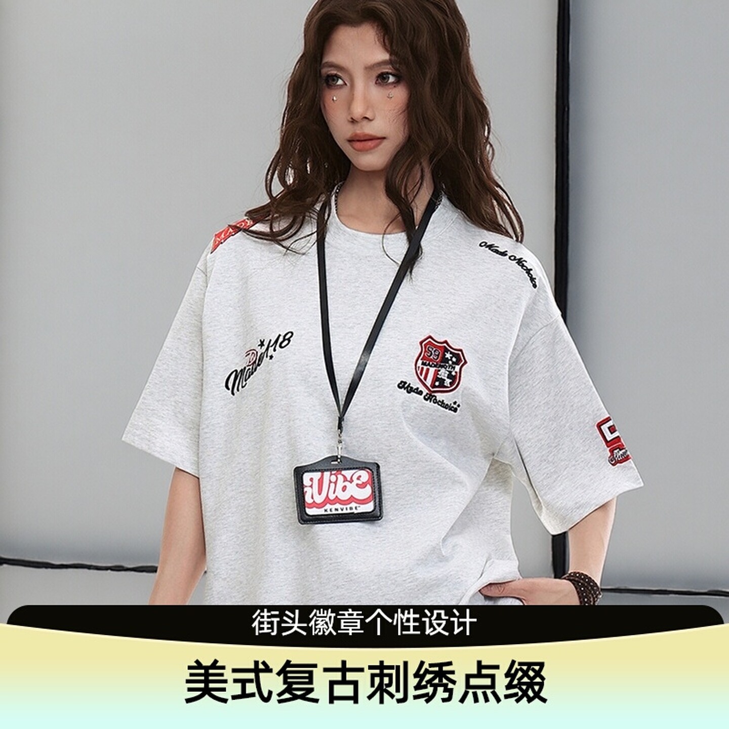 NTBF美式刺绣徽章宽松情侣T恤