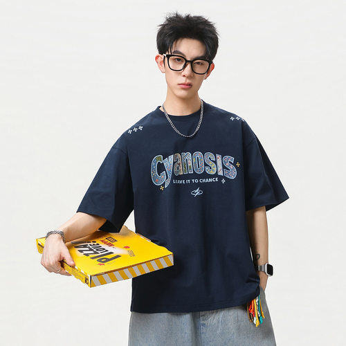 美式刺绣纯棉宽松短袖T恤男夏季