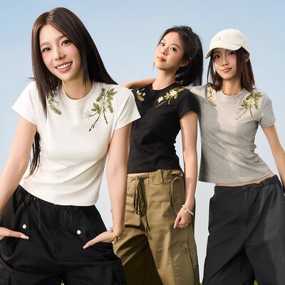 童趣植物系花卉刺绣短袖T恤女