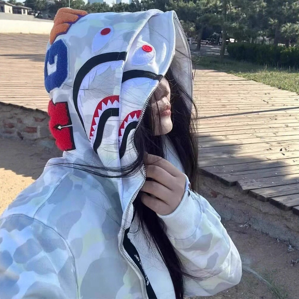 美式鲨鱼双帽迷彩宽松连帽卫衣