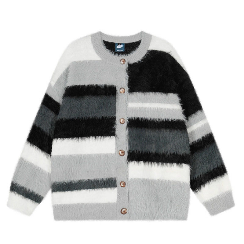 NTBF撞色条纹开衫毛衣女2026年春季新款慵懒风圆领氛围感针织衫男