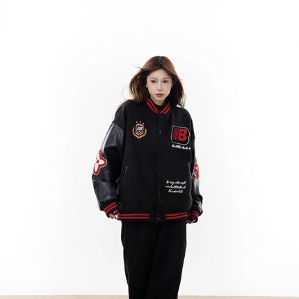 25秋冬新款美式重磅棒球服外套字母刺绣撞色拼接夹克宽松休闲上衣