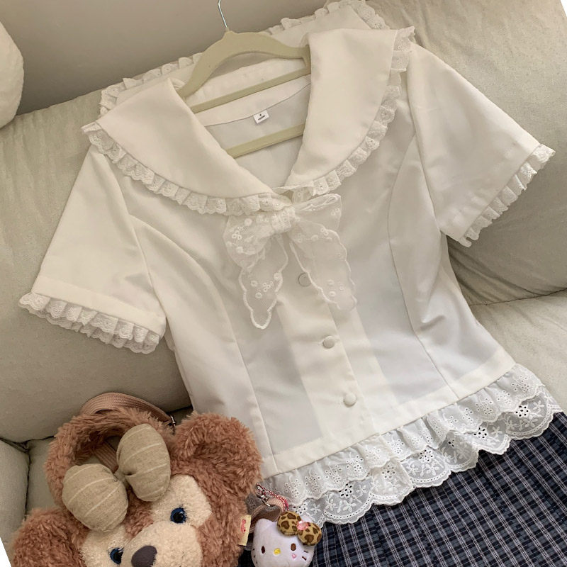 洛小奈JK原创春夏季学院风JK制服蕾丝花边甜美系短袖衬衫上衣