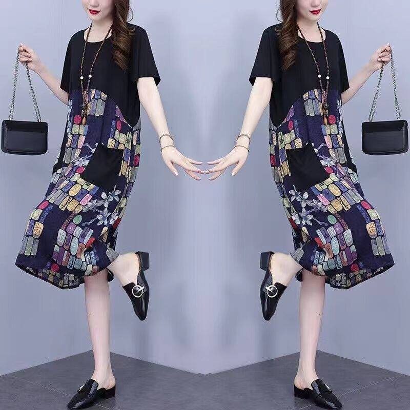 반팔 여성 라운드 넥 지방 MM 배꼽 덮는 드레스 여름 드레스 2024 새로운 플러스 사이즈 여성 드레스 슬리밍 지방 자매 스커트