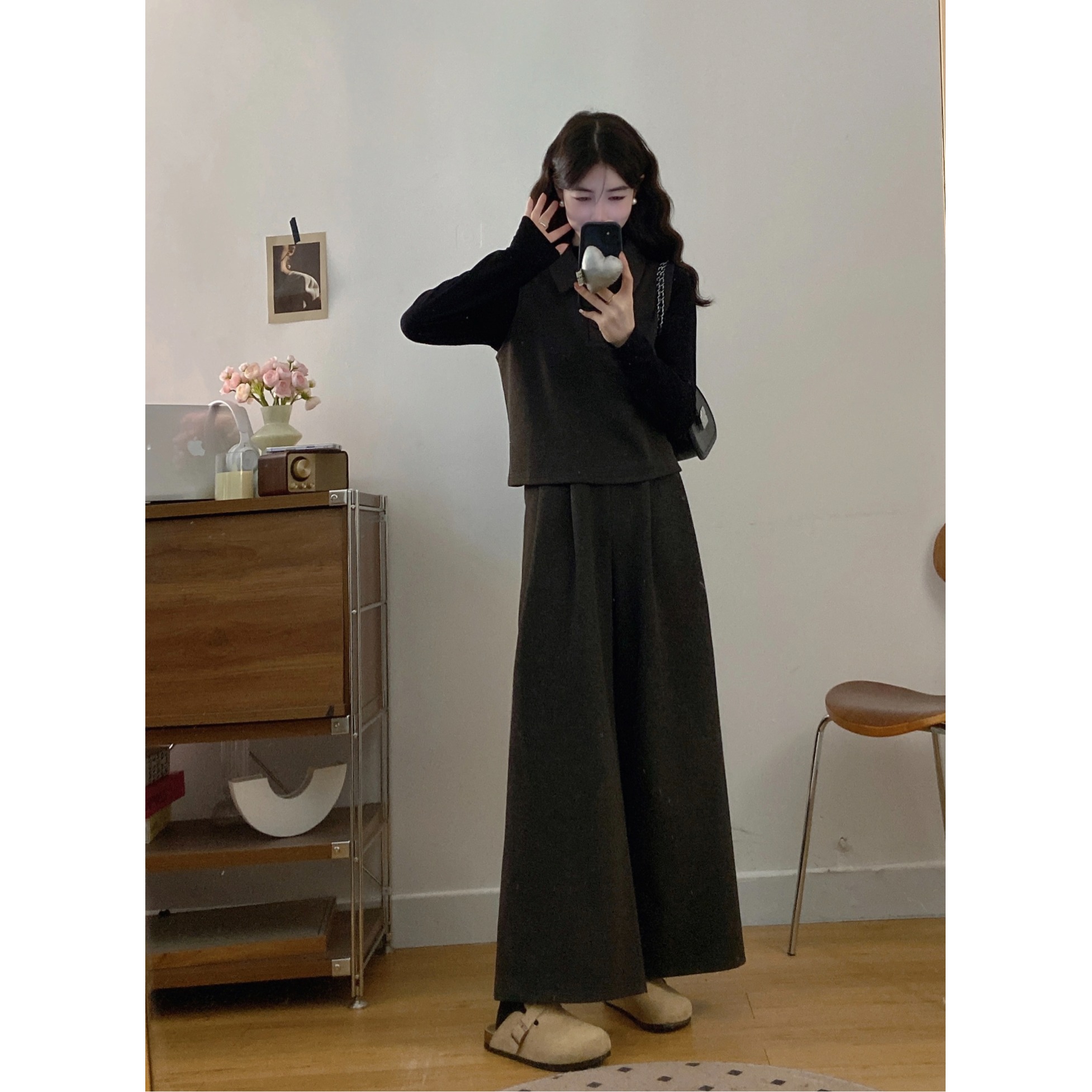 大码胖mm韩版时尚简约翻领毛呢马甲阔腿裤通勤百搭显瘦三件套装潮